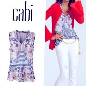 Cabi # 5349 "Floral Paisley Peplum Top" Sleeveless Semi-Sheer Ruffle Tank SM